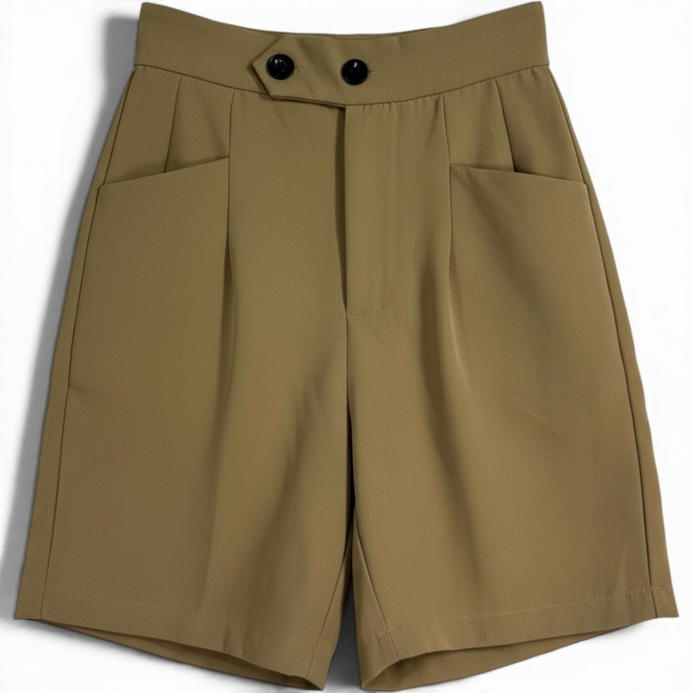Shorts Women 1 Tan High Waist Pleated Front Double Button Pockets Casual